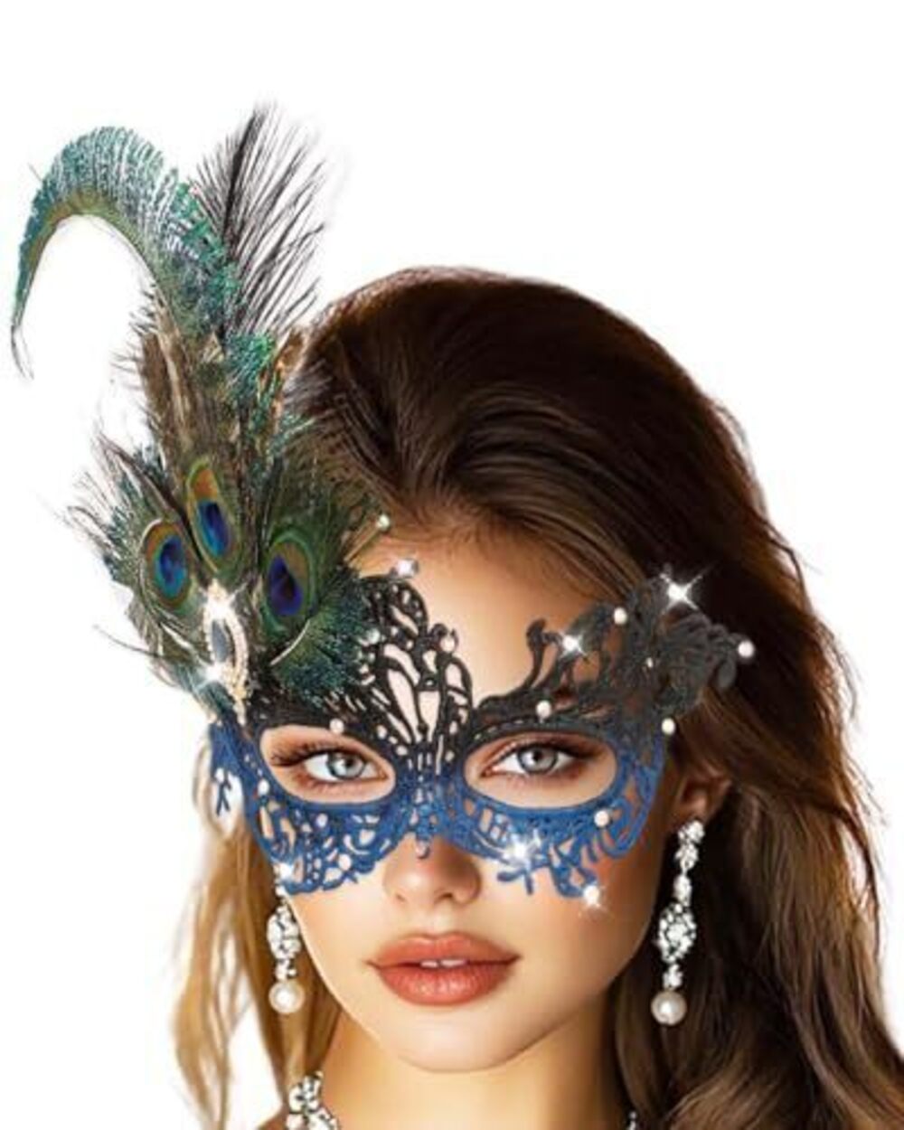 2870 Rhinestone Masquerade Mask, Blue Masquerade Ball Mask, Feather Party